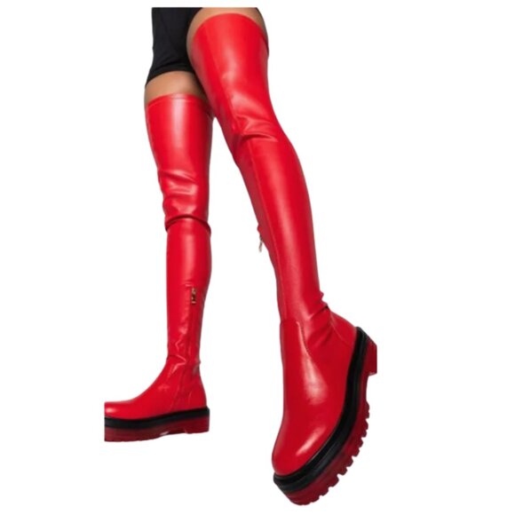 AZALEA WANG DO IT TO YA FLATFORM BOOT WITH 4 WAY STRETCH IN RED 7.5 - Picture 3 of 10